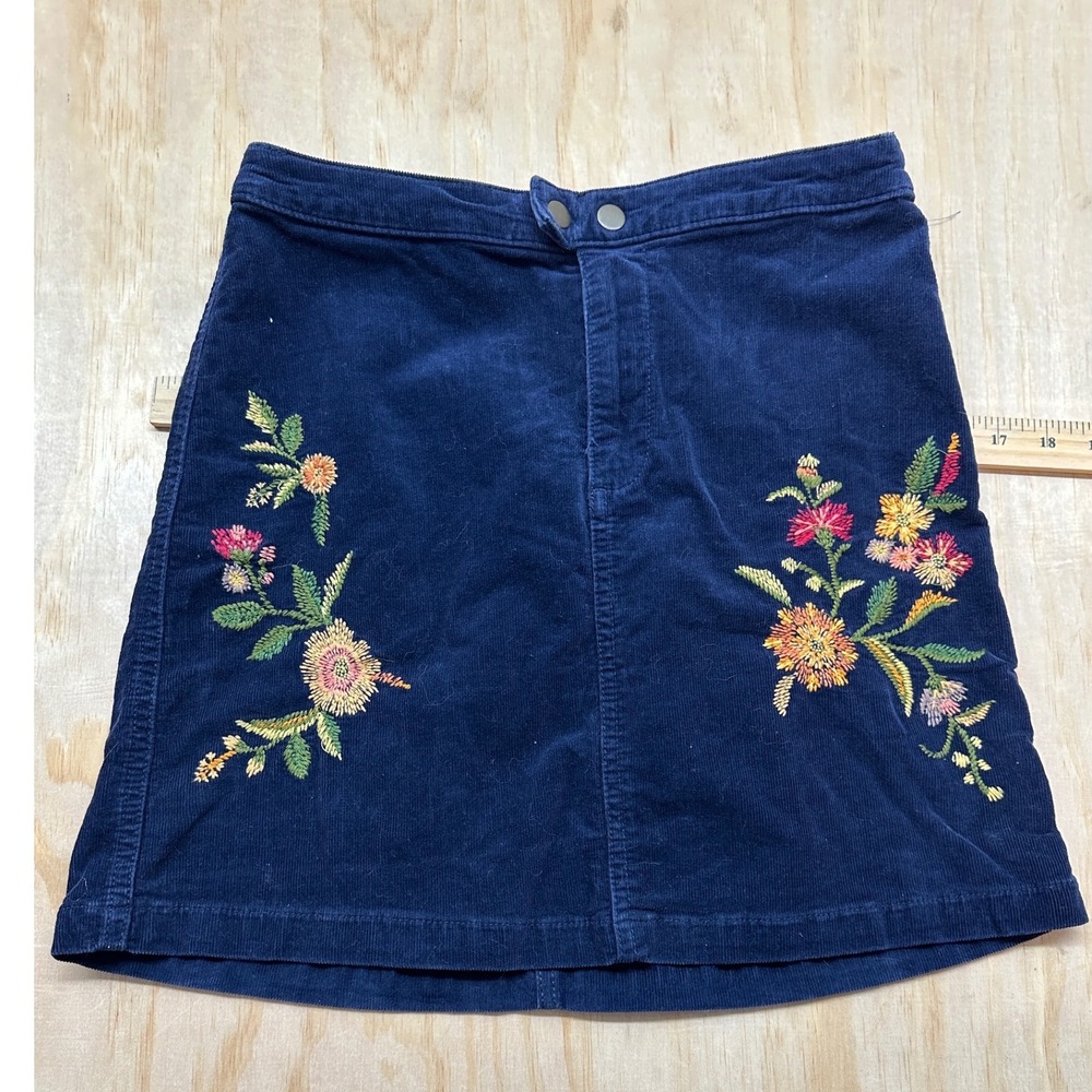 Mossimo Navy Blue Corduroy Floral Embroidered Mini Skirt Womens Sz 2 Boho A-Line
